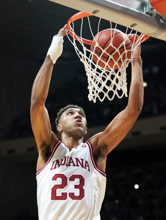 Nov 7, 2022; Bloomington, Indiana, USA; Indiana Hoosiers forward Trayce Jackson-Davis (23) dunks the ball during the first half at Simon Skjodt Assembly Hall.